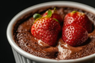 A decadent chocolate dessert topped with fresh and ripe strawberries
