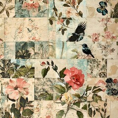 A vintage-inspired collage fabric pattern