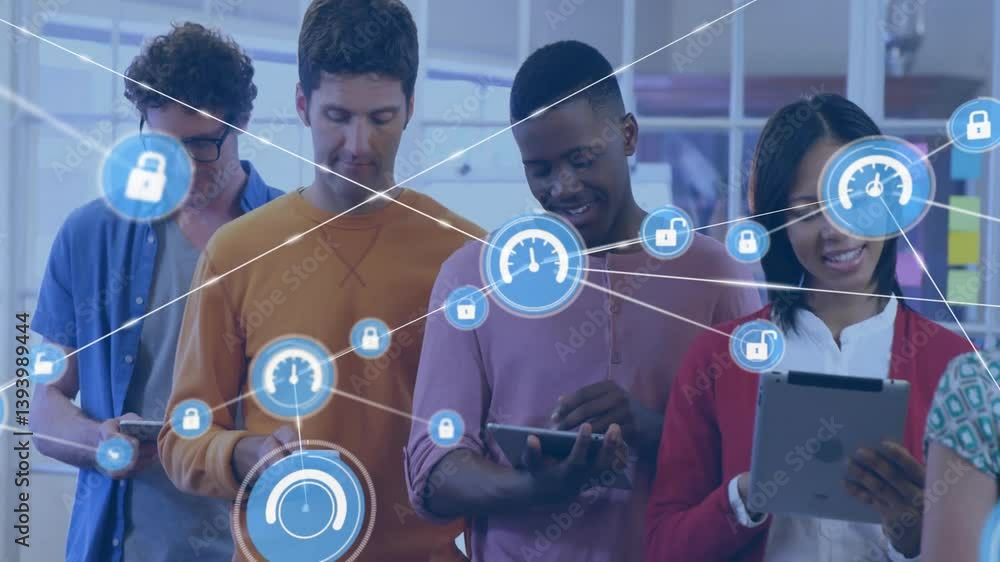 Poster using tablets, diverse group in school with animation of digital security icons