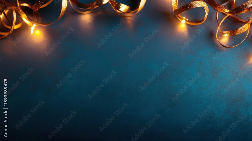 Poster golden ribbons intertwining with soft glowing lights are arranged on a deep blue surface, creating a