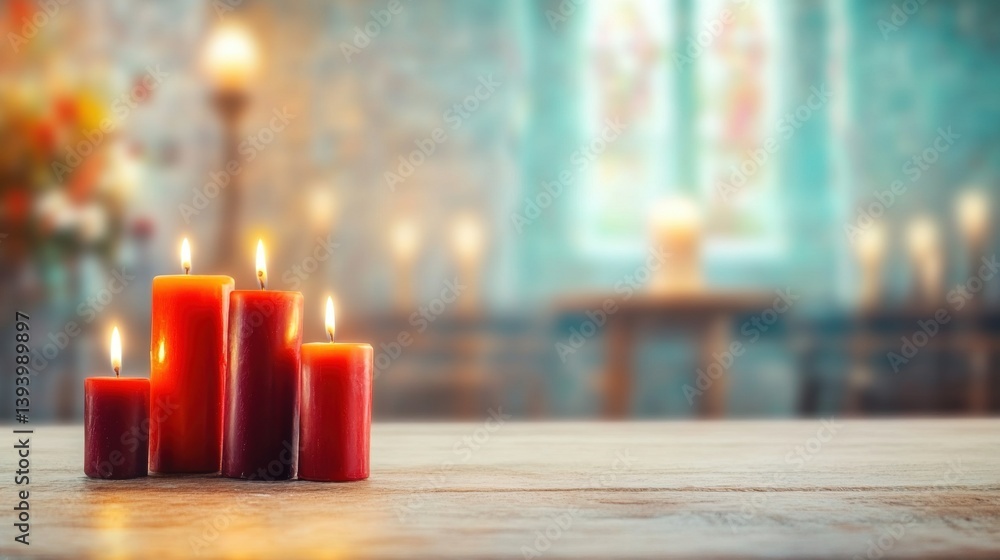 Aufkleber five red candles emit a gentle glow on a rustic wooden table, creating a calming atmosphere in a sof
