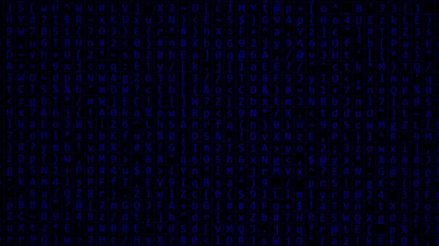 Abstract digital background of blue symbols on a black background, a creative background or backdrop for illustrating the digital world and cryptography