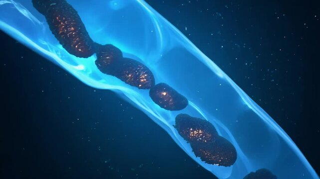 The camera pans and tilts to reveal clusters of organic metabolites and micronutrients travelling through an arteriole