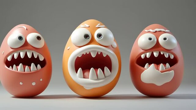 Three Grotesque Cartoon Eggs with Fearsome Expressions