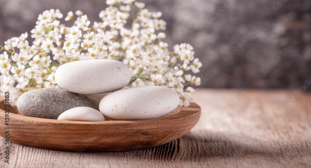 Poster smooth pebbles in varying sizes are artistically arranged with small white flowers, adding a touch o