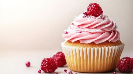 Pink raspberry cupcake, frosting, sprinkles, studio background, dessert