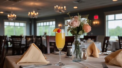 Table setting with beverage, flowers, and soft lighting in an elegant space