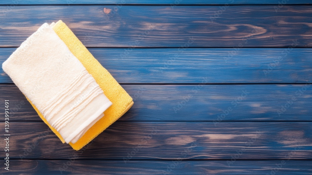 Poster a composition of soft, clean towels in neutral colors rests on a rustic blue wooden surface, creatin