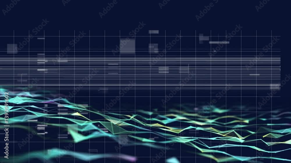 Poster abstract geometric shapes and lines forming dynamic digital landscape animation