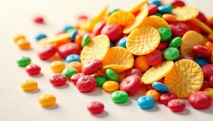 Pile of colorful candy, chips, and soda on white , candy, burger