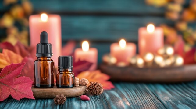 Warm amber bottles of essential oils sit among autumn leaves and flickering candles, evoking a cozy, inviting atmosphere in fall