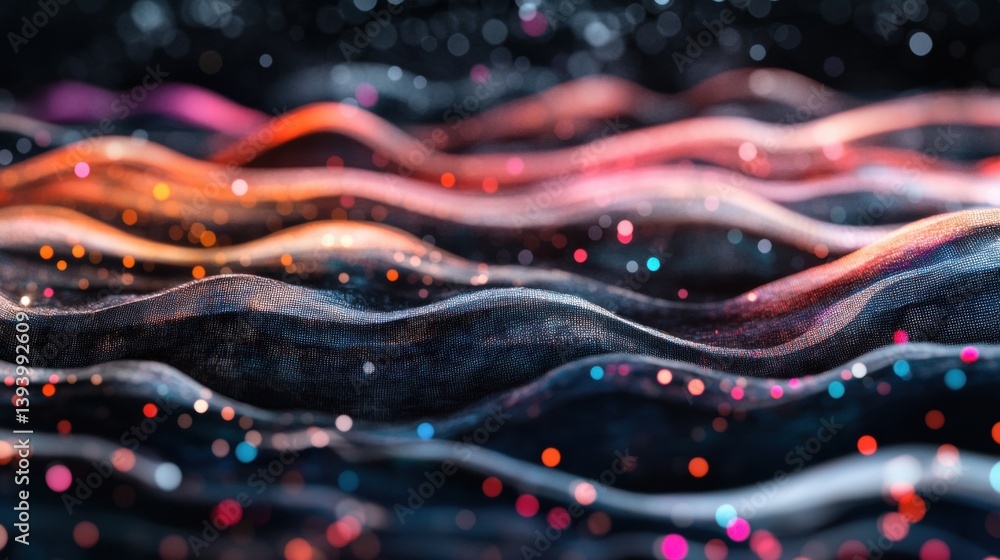 Poster waves of vibrant colors intertwine with glowing particles, forming an enchanting digital artwork tha