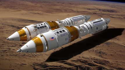 Dual spacecraft over Martian landscape