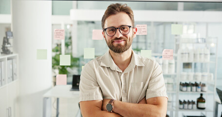 Arms crossed, portrait and happy with business man in office for schedule coordinator, appointment...