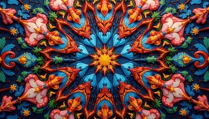 Fototapeta premium Symmetrical kaleidoscope design with repeating star and floral motifs in muted tones, repeating, pattern design, symmetry