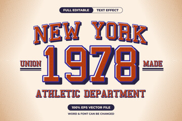 Sporty New York athletic department text effect with vintage 1978 style. Perfect for team branding, apparel, and retro-themed designs. Fully editable EPS vector