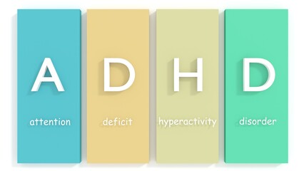 ADHD Attention Deficit Hyperactivity Disorder - neurodevelopmental disorder characterized by inattention, hyperactivity, and impulsivity. Acronym text concept background. 3D render