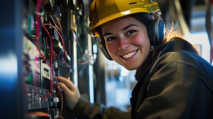 A close-up of an electrical engineer hands adjusting cables inside a control box