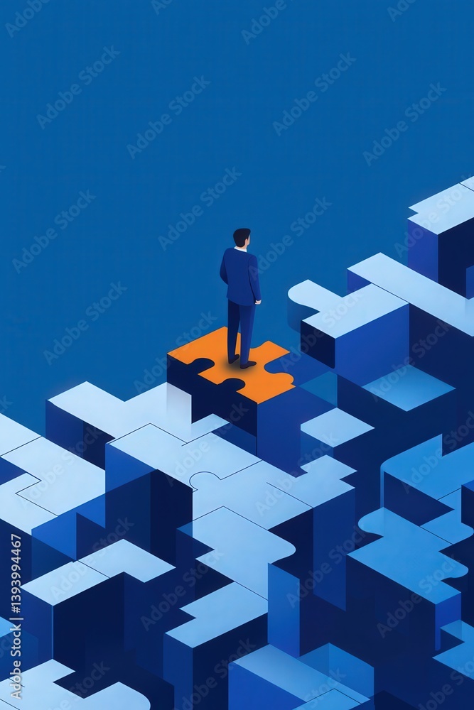Poster a high-tech visual of a business leader navigating through a networked puzzle representing market ch