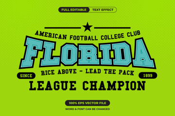 Dynamic Florida football college text effect with bold blue font on neon green. Ideal for league posters, team merch, and sporty graphics. Fully editable EPS vector file
