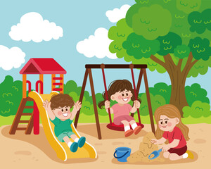 Playing with friends in the playground during the day. A boy on a slide, a girl on a swing, and a girl on the sand