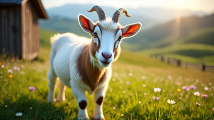 A goat with horns and a white face stands in a field of flowers. The goat is looking at the camera with a smile on its face. The scene is peaceful and serene