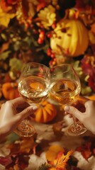 Two people holding wine glasses and a table with pumpkins and leaves