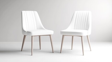 White Upholstered Chairs Minimalist Design Studio Lighting Full Shot View Vertical Pair Arrangement Modern Interior Bright White Home Decor with additional context for stock use