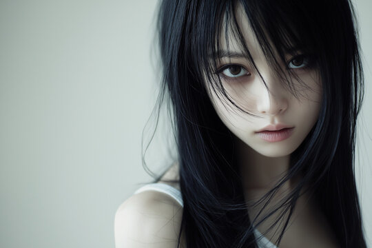 女性, 若い女性, 黒髪, 長い髪, アジア人, ポートレート, 美しい女性, 魅力的, 真剣な表情, クローズアップ, ミステリアス, 不気味, 静けさ, 優雅, エモーショナル, ダークな雰囲気, ドラマチック, ホラー, 幽霊, 怖い顔, 超自然的, 怪談, 恐怖感, 不安感, 闇, 緑背景, モノクローム調, ソフトフォーカス, シンプル背景, 正面ショット, 対称性, アート写真, 孤独