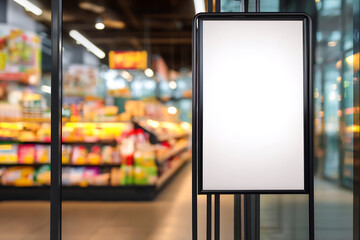 Blank vertical poster mockup on a sleek black stand in front of a brightly lit supermarket. Perfect for in-store promotions, branding, and retail ads.