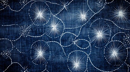 Fototapeta premium Elegant Blue Indigo Textile Pattern Design Abstract White Floral Starburst Circles Modern Seamless Background Stylish Fabric Texture Repeat Print art