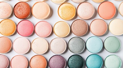Colorful arrangement of cosmetic powders in circular containers on a light background