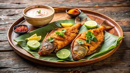Fish fry served with dip sauce on a paper plate as a popular street food in Kolkata , Street food, Kolkata