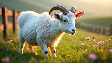 Obraz premium A white goat is standing in a field of flowers. The goat has horns and is looking at the camera