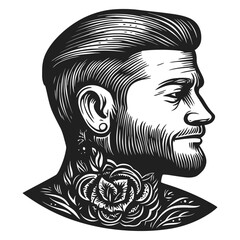 Black and White Illustration of Male Profile with Floral Tattoo Design