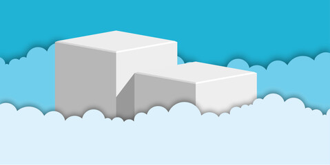 podium stage with layered cloud paper cut design. Soft blue and white tones create a dreamy aesthetic. Perfect for product display, branding, presentation, or creative backgrounds.