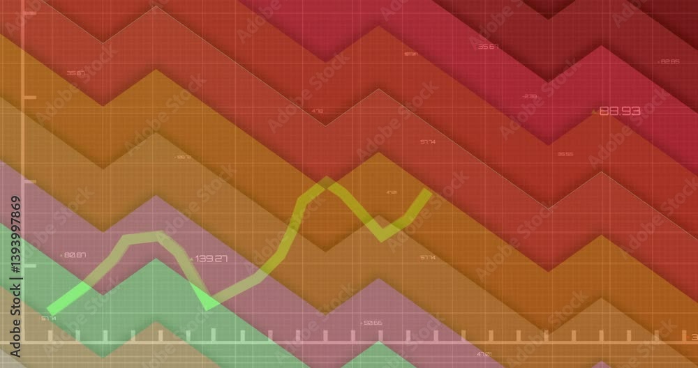 Poster animation of financial graph with colorful zigzag patterns and fluctuating numbers