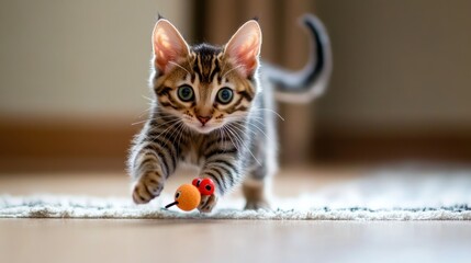 A Bengal kitten pouncing on a toy mouse, full of energy, --ar 16:9 --v 6.1 Job ID: bc448bab-7ff4-4dd3-a49b-2fff787f4d7e