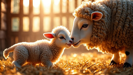 Obraz premium A mother sheep and her baby sheep are standing in a barn. The baby sheep is looking at the camera