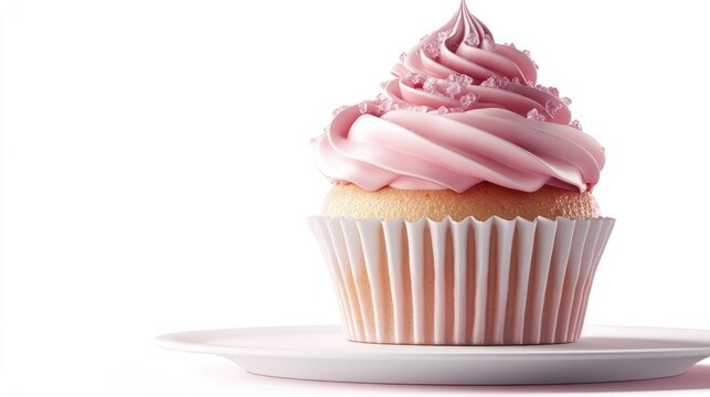 Pink cupcake, frosting swirl, white plate, studio shot, dessert menu