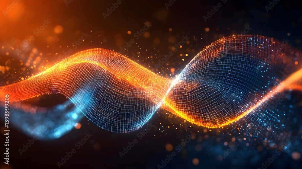 Poster an abstract image depicting a wave made of interconnected glowing particles