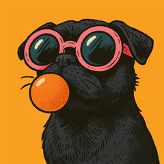 Dog Wearing Sunglasses Holding Ball in Mouth on Orange Background