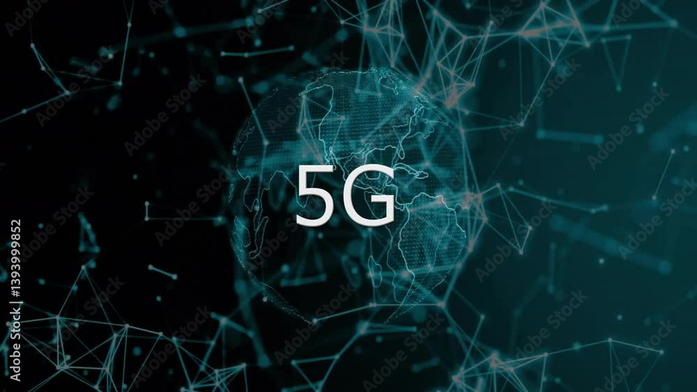 Poster 5g animation over digital globe with network connections and data visualization
