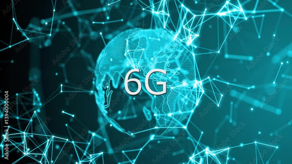 Poster digital network connections and 6g text over glowing globe animation