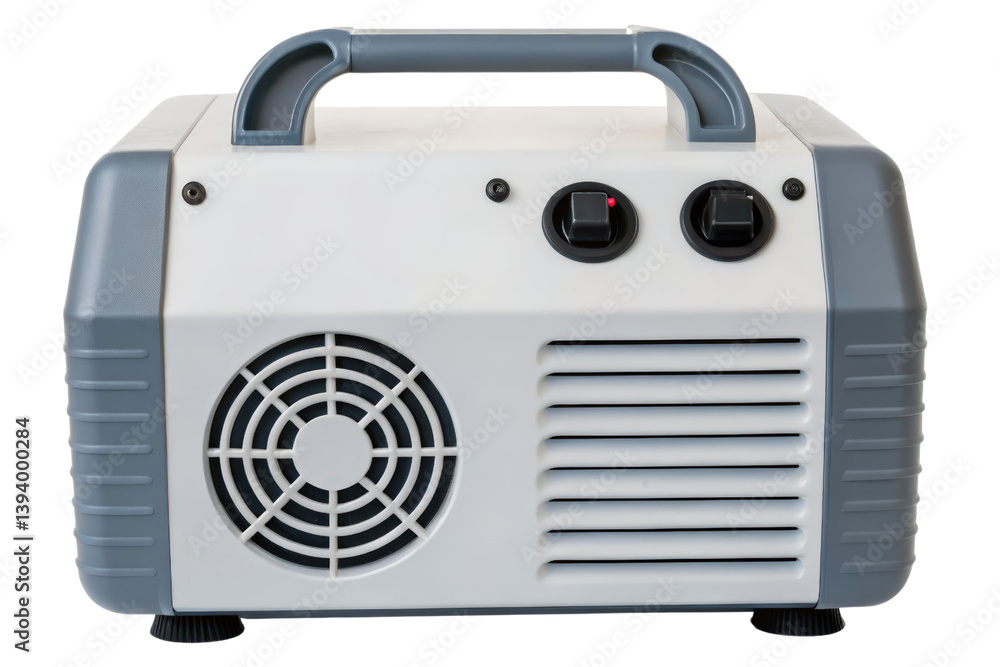 Poster compact gray and white portable air compressor with control switches isolated with transparent backg