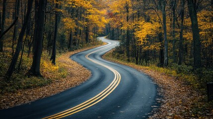 Fototapeta premium Winding autumn road through forest, scenic drive, fall foliage backdrop, travel