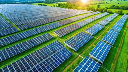 Green grids in a solar panel field, renewable energy, sustainability, eco-friendly