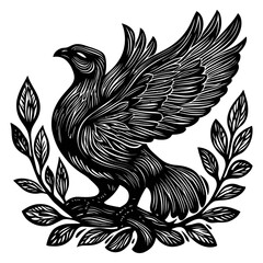 Fototapeta premium Majestic Bird Illustration with Leaves in Black and White Style