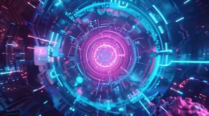 Fototapeta premium A vibrant, futuristic tunnel of glowing circuits and energy, suggesting advanced technology.