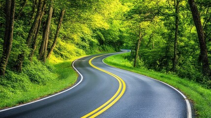 Obraz premium Winding road curves through lush green forest, sunlight dappling leaves; travel, tourism